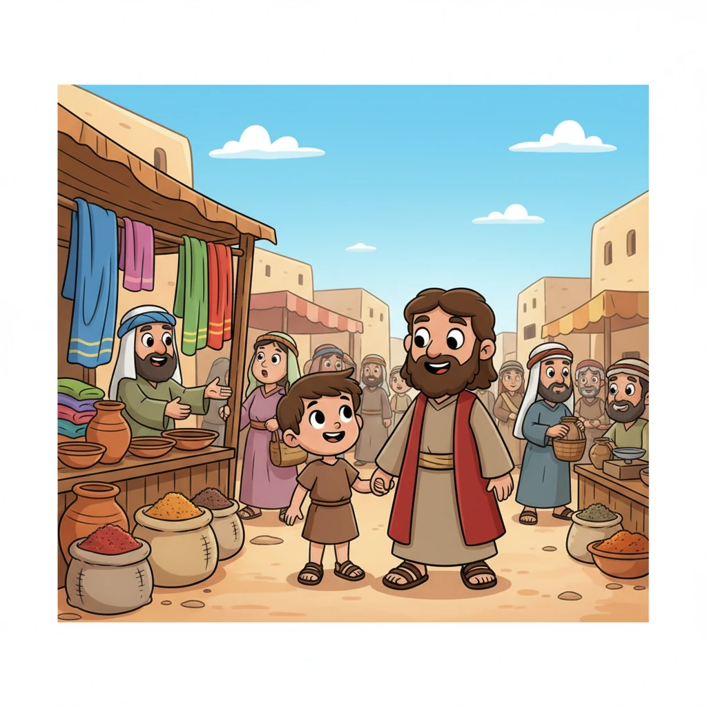 Un giorno speciale, Elia accompagnò suo padre al vivace mercato di Nazareth. Le bancarelle erano piene di tessuti colorati, spezie profumate e ceramiche artigianali. Vide mercanti da lontano e contadini locali, tutti intenti a scambiare beni e raccontare storie.