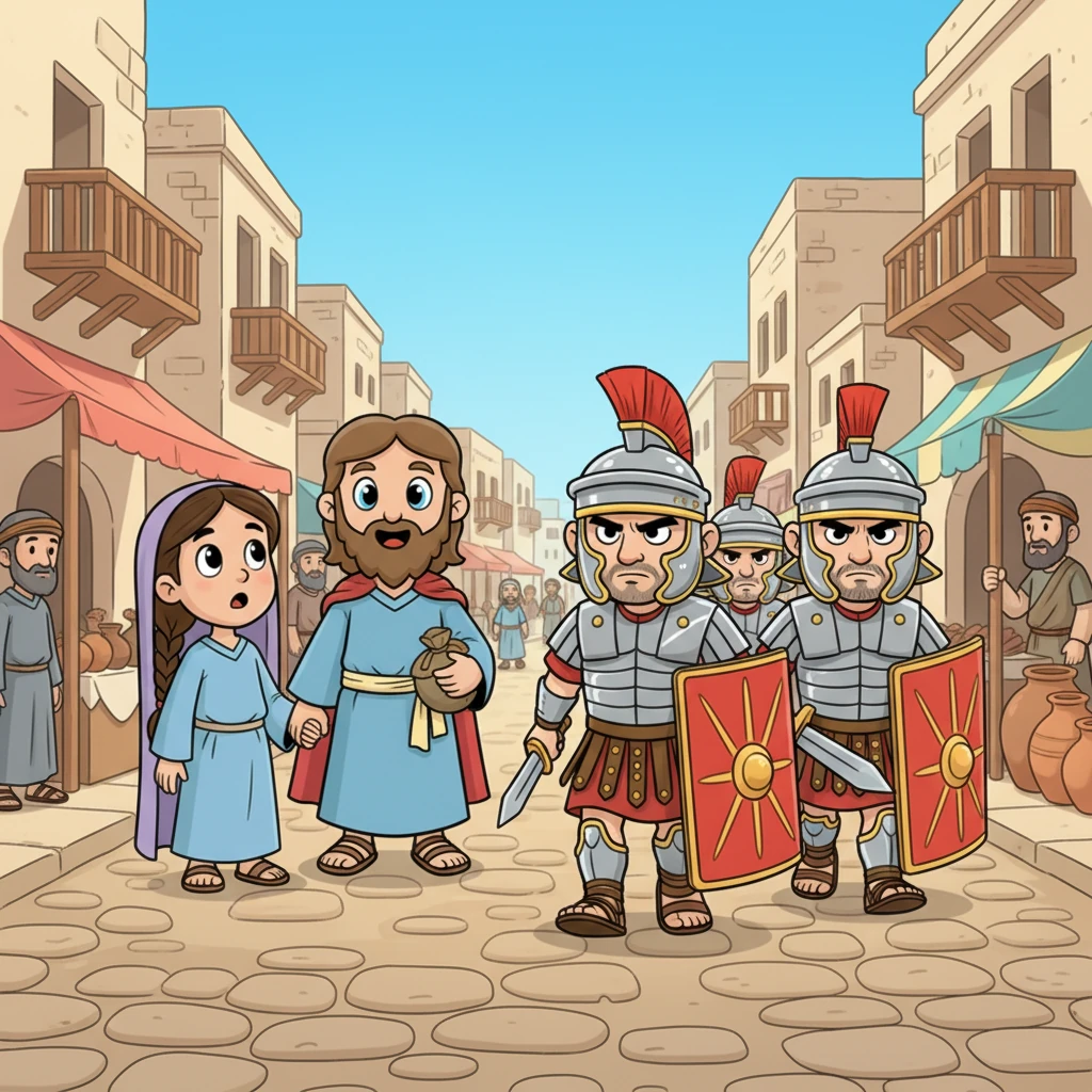 Continuando il viaggio, Elia e la sua famiglia passarono per una città più grande, forse Sefforis o Tiberiade, dove incontrarono i soldati romani. Erano imponenti con le loro armature lucide e le piume rosse sugli elmi. Marciando con passo cadenzato, sembravano padroni della strada, e Elia sentì un brivido di timore e meraviglia.