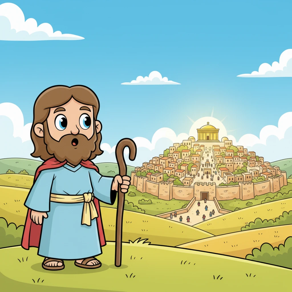 Finalmente, dopo molti giorni, Elia vide Gerusalemme in lontananza, una città maestosa che si ergeva su una collina. Le mura imponenti e il luccichio del Tempio sotto il sole lo lasciarono senza fiato. Le strade erano un labirinto di vicoli affollati e piazze piene di gente.