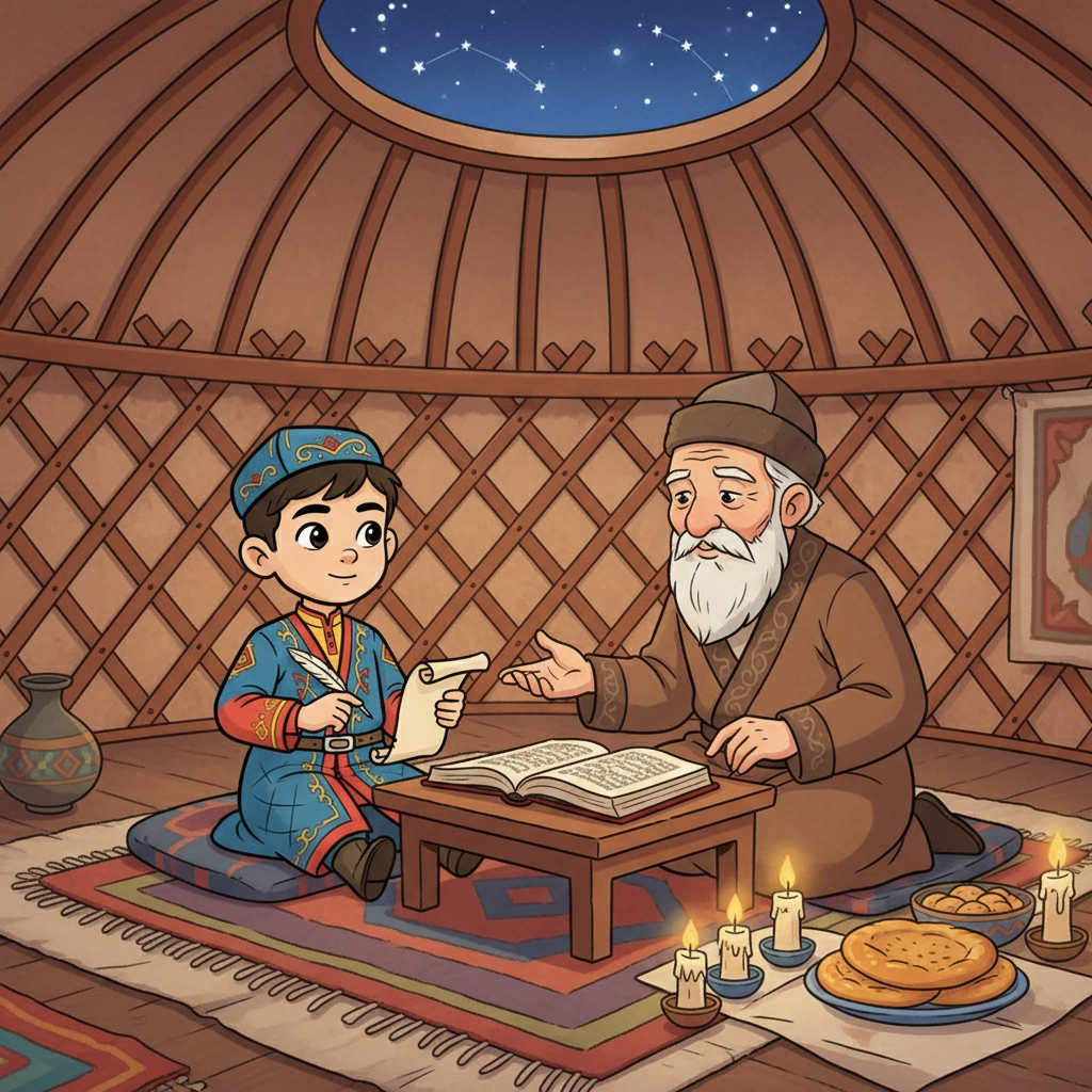 Abai's father, Kunanbay, a respected leader, recognized his son's keen mind and encouraged his thirst for knowledge. Under the starry night, Abai's tutor, a wise old man, taught him about poetry, history, and the traditions of his people. The yurt was filled with the glow of candlelight and the scent of warm bread.