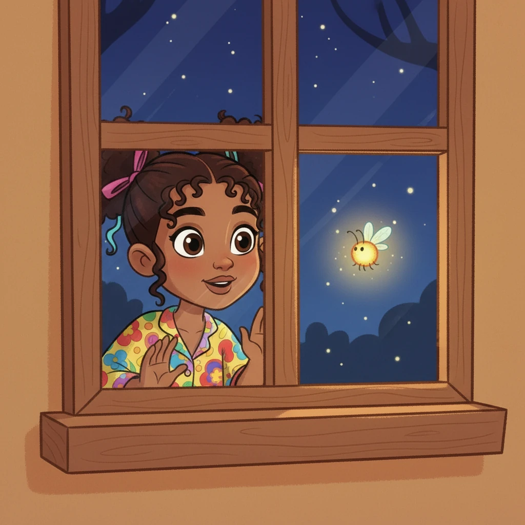 De repente, Ana escuchó un suave rasguño en su ventana. Con mucho valor, se asomó un poquito y vio un pequeño lucero brillante que la llamaba. Era una luciérnaga mágica que parecía entender su miedo.