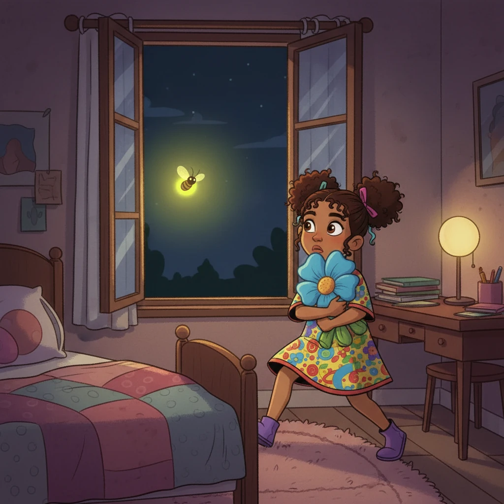 La luciérnaga, con su luz intermitente, le hizo señas para que la siguiera. Ana, aunque asustada, sintió una chispa de curiosidad. Se deslizó fuera de la cama, sujetando fuerte a Azulín, y abrió la ventana.