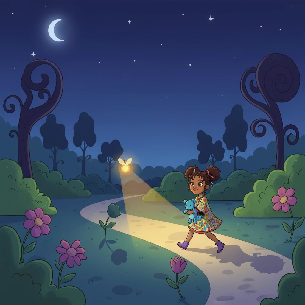 La luciérnaga la guio por el jardín, iluminando el camino con destellos suaves. Ana descubrió que la oscuridad no era tan aterradora cuando había una pequeña luz que la acompañaba. Las sombras de los árboles parecían bailar en lugar de asustar.