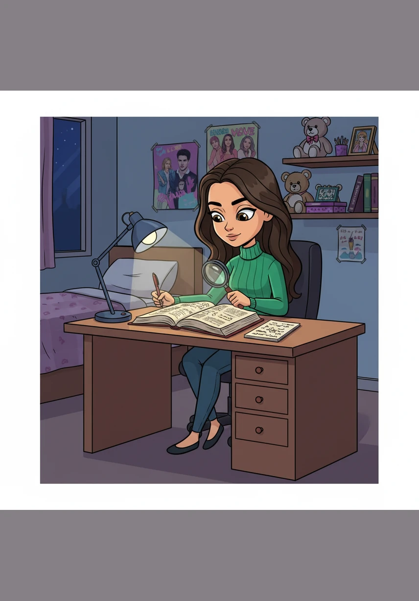 In the quiet of her bedroom, Elif studies old, complex medical journals and untraceable chemical formulas by the light of a small desk lamp. Her shelves are filled with advanced textbooks hidden behind colorful posters and teenage trinkets, masking her true interests.