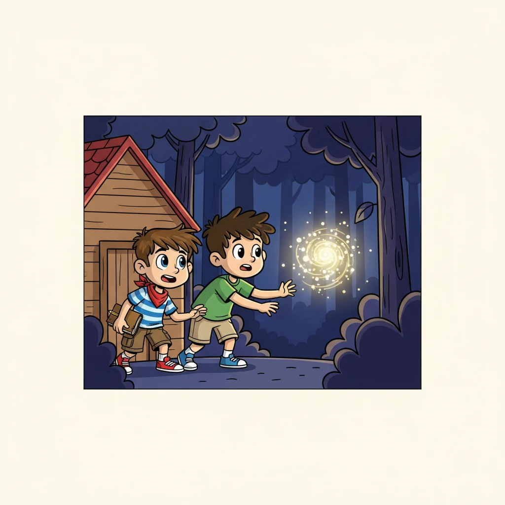 La lumière brillait d'un éclat étrange, dansant entre les arbres. Les deux garçons, remplis de curiosité, décidèrent de suivre la lumière. Ils se faufilèrent discrètement hors de leur maison, leurs cœurs battant d'excitation et d'appréhension. La nuit était sombre, mais la lumière les guidait.