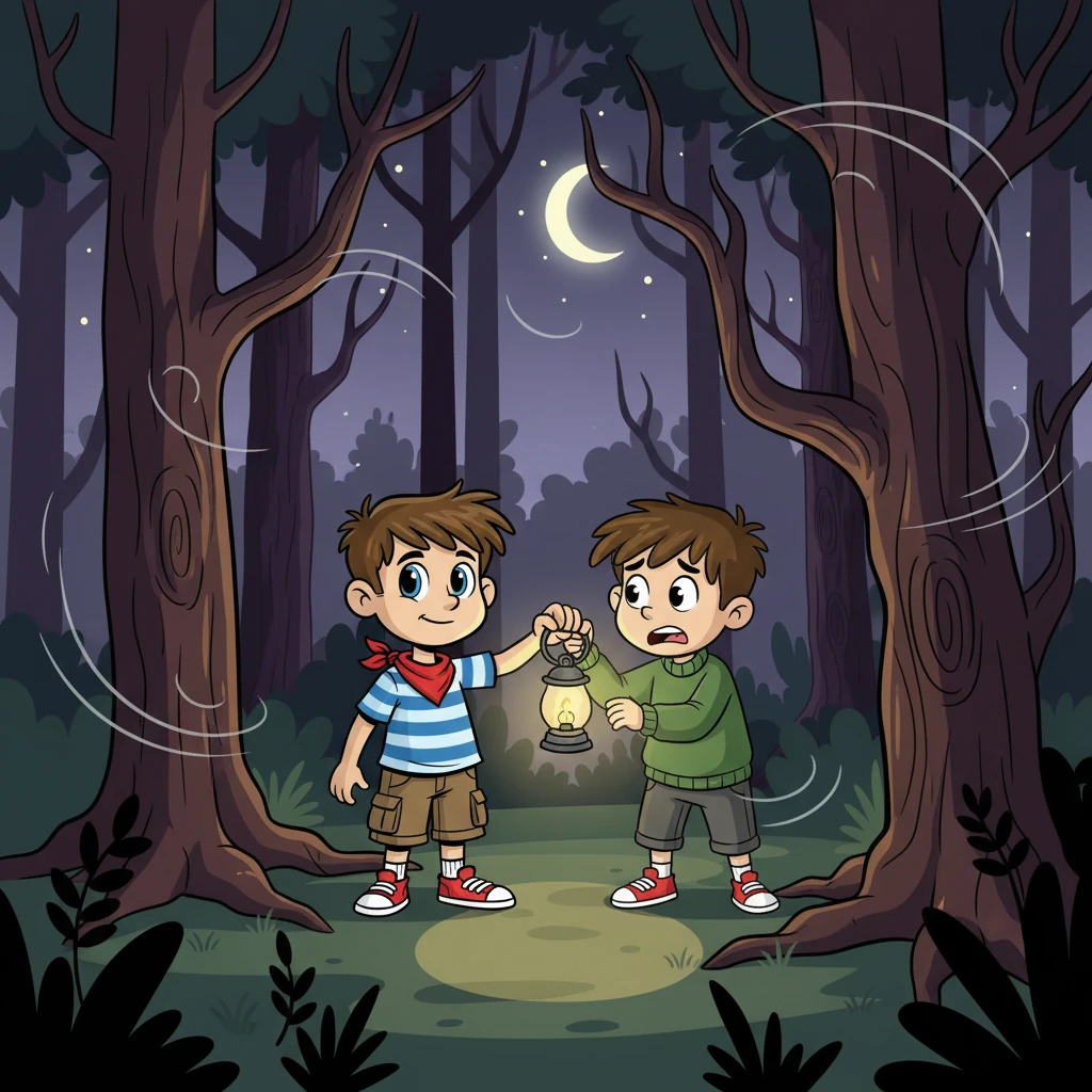 Ils pénétrèrent dans la forêt, les arbres imposants projetant de longues ombres effrayantes. Le vent bruissait dans les feuilles, créant des sons mystérieux. Samuel, le plus courageux, tenait une petite lanterne pour éclairer le chemin, tandis que Josh, un peu plus craintif, restait près de lui.