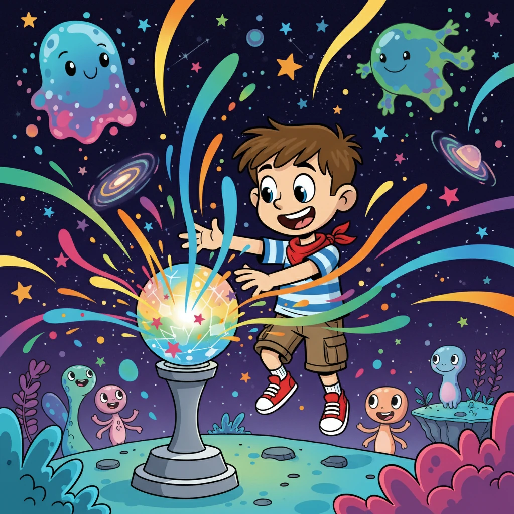 Dès que Samuel toucha la sphère, une explosion de couleurs et de lumières les enveloppa. Ils eurent la sensation de flotter dans un espace infini, rempli d'étoiles et de merveilles. Ils virent des paysages inconnus et des créatures étranges, mais amicales.