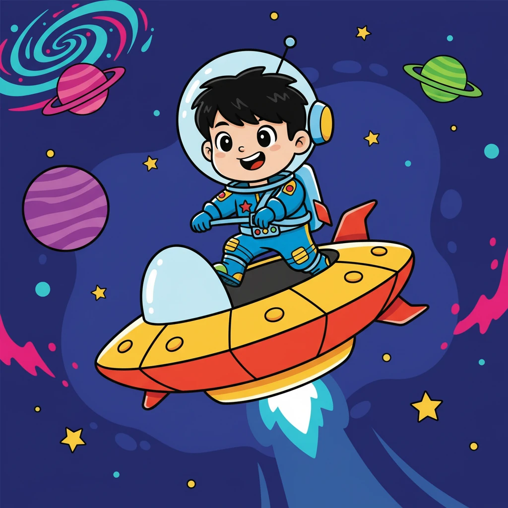 阿哲迫不及待地跳上飛行器，啟動引擎，飛行器立刻衝向了浩瀚的宇宙。他興奮地繫好安全帶，準備迎接未知的旅程。