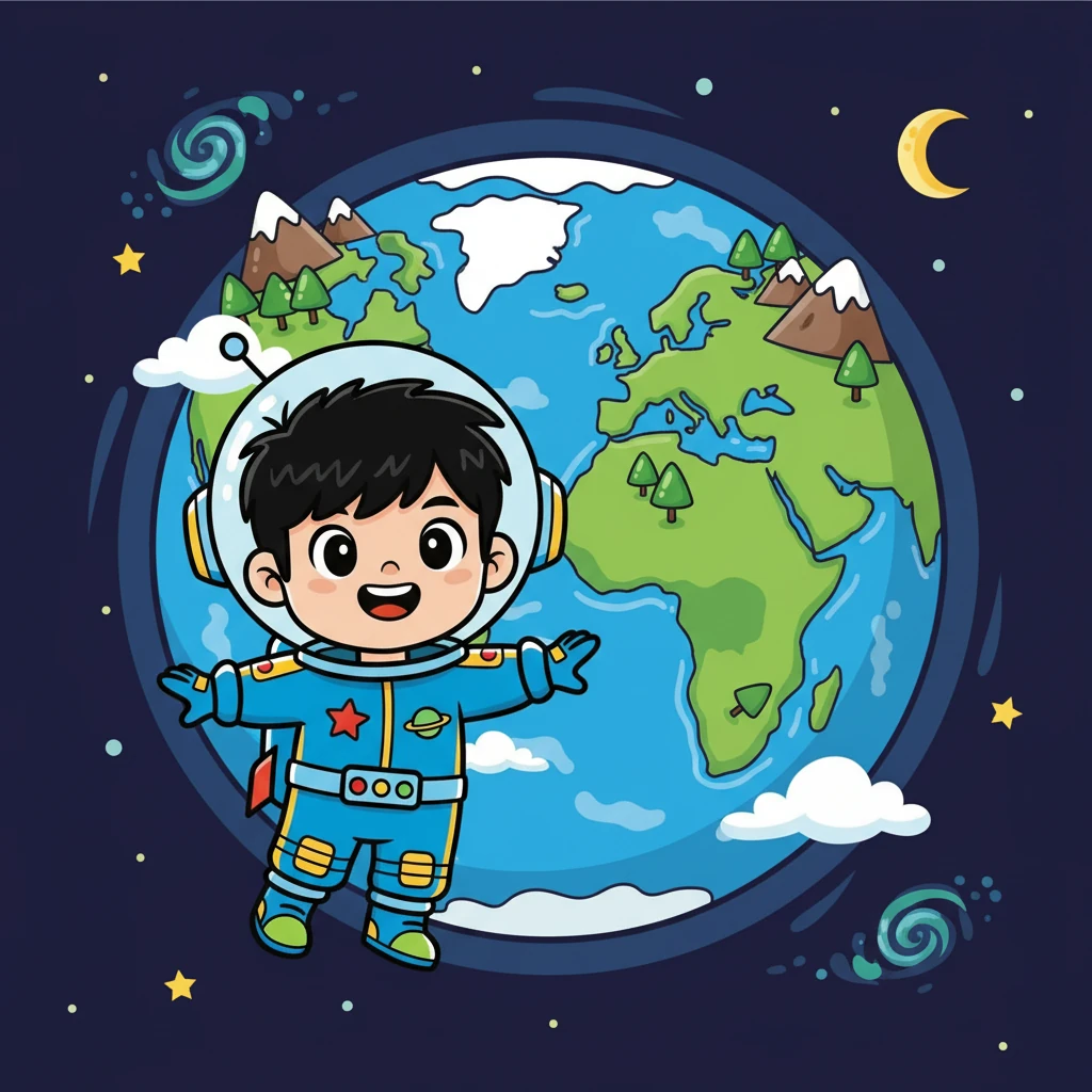 他們來到了地球，看著藍色的星球，阿哲感到無比的親切。他看到了高山、海洋和森林，深深地被地球的美麗所吸引。