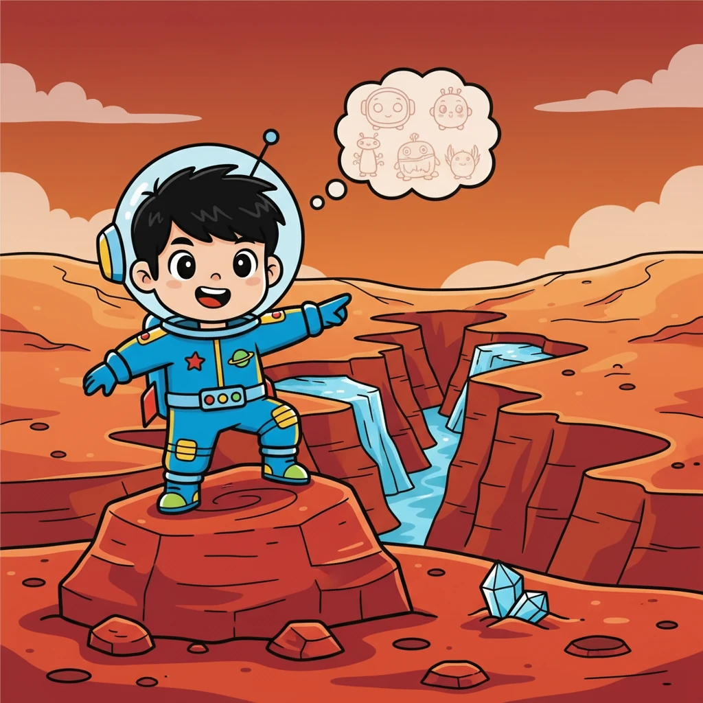 他們飛往火星，火星呈現紅色，阿哲在火星上發現了古老的峽谷和冰川。他想像著火星上曾經存在著生命。