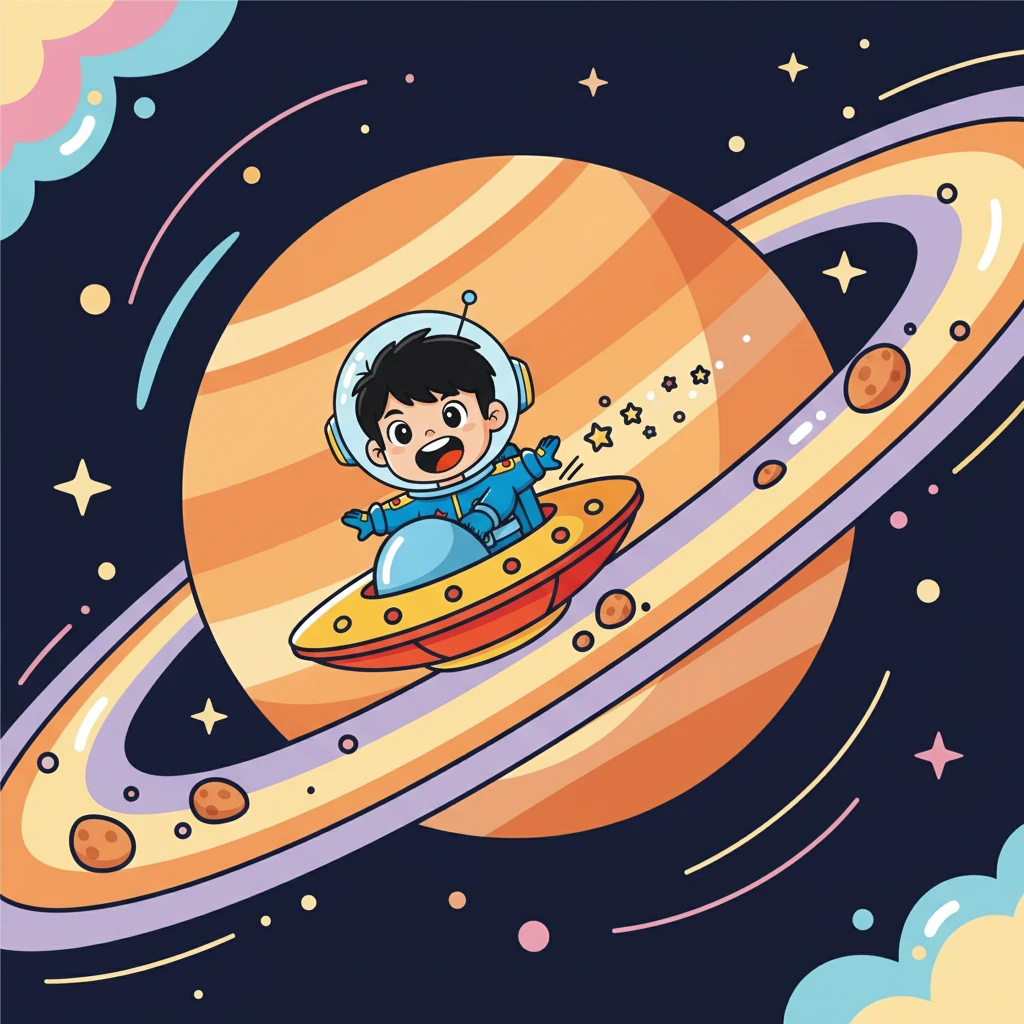 他們來到了土星，土星有著美麗的光環，阿哲被土星的美麗所震撼。他駕駛著飛行器，穿過土星光環，體驗著奇妙的旅程。