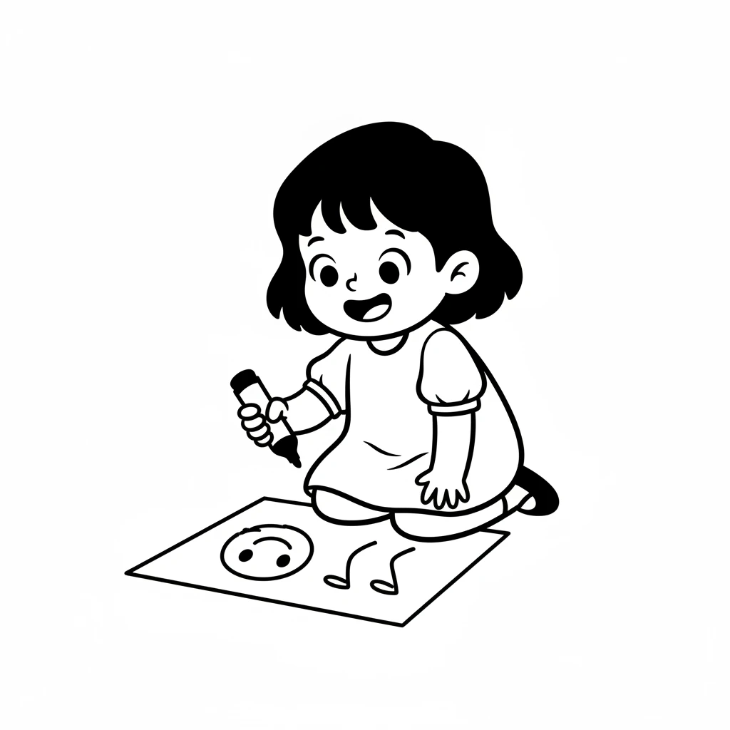 Pip, a small, cheerful character, loved to draw. With a big smile, she would doodle simple shapes on crisp white paper. Circles became heads, and curved lines became wobbly legs.