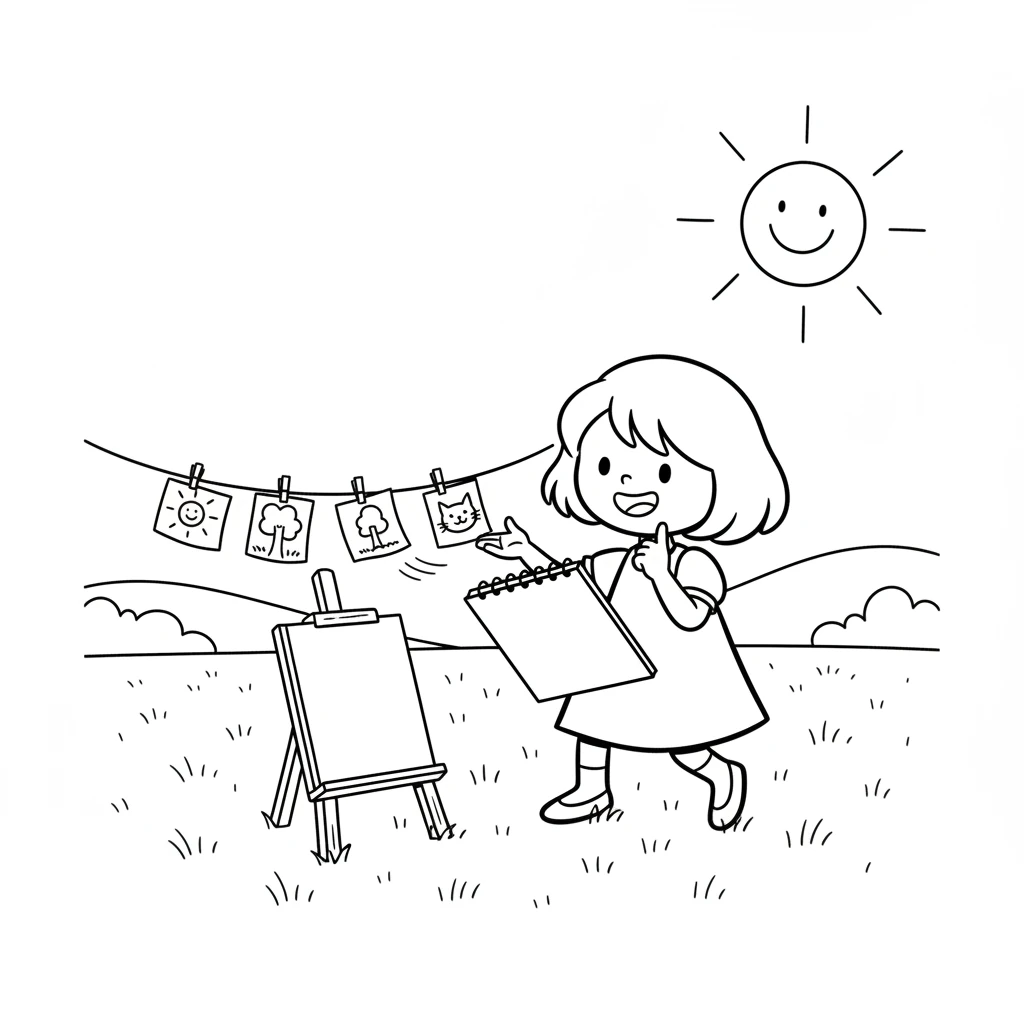 One sunny morning, Pip had a wonderful idea. What if other children could color her simple drawings? Her heart fluttered with excitement at the thought.