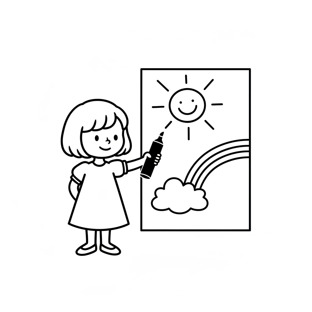 Pip picked up her favorite bold marker. First, she drew a big, happy circle for the sun, with straight lines for its rays. Then, she added a puffy cloud and a gentle arching rainbow.