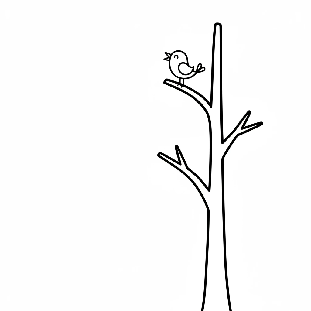 Next, Pip drew a tall, friendly tree. It had a sturdy trunk and a few simple branches reaching up. A tiny, cheerful bird sat singing on one of its branches.