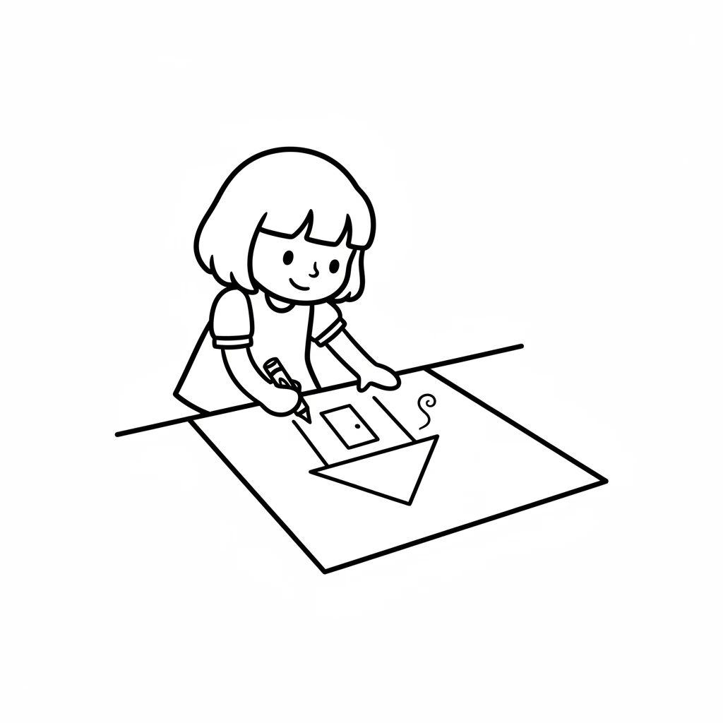 Pip imagined a cozy home. She drew a square house with a pointy roof and a tiny wisp of smoke curling from the chimney. A welcoming door waited to be colored.