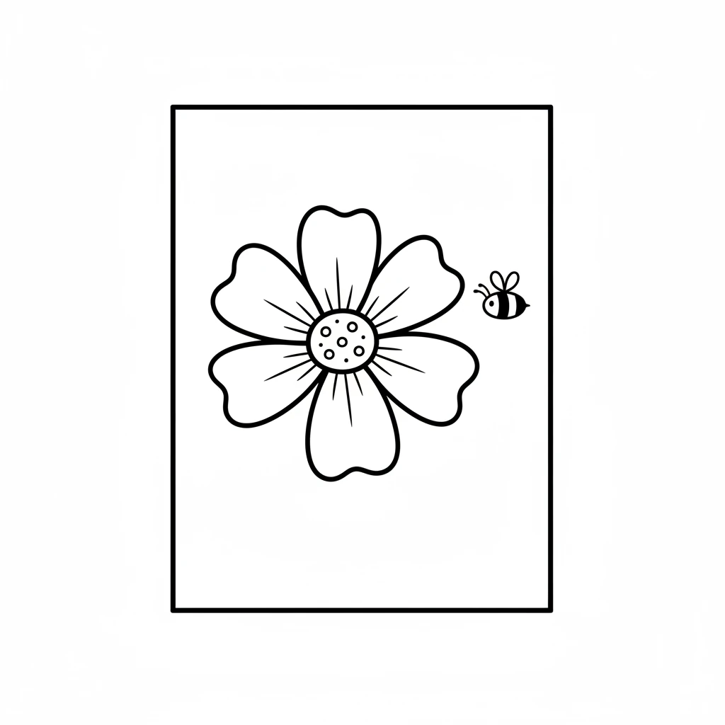 Then, a beautiful flower bloomed on her page. It had a round center and a few gentle petals, with a busy little bee flying nearby. The flower looked so inviting.