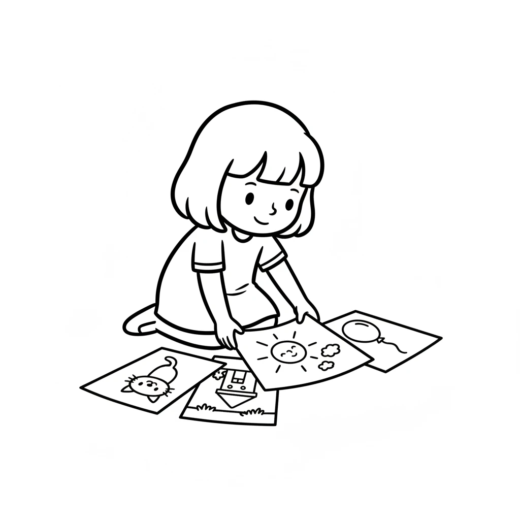 Pip carefully laid out all her finished drawings. Each one was a simple, bold outline, waiting for someone to add bright, joyful colors. They were perfect for little hands.