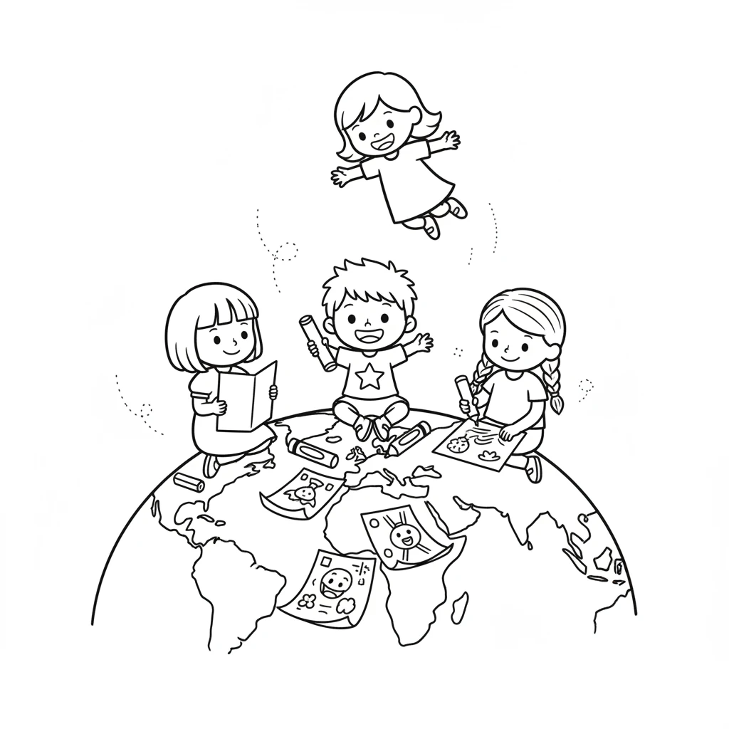 All around the world, children received Pip's wonderful drawings. They picked up their crayons and markers, filling the simple shapes with every color imaginable. Pip smiled, knowing her art brought happiness.