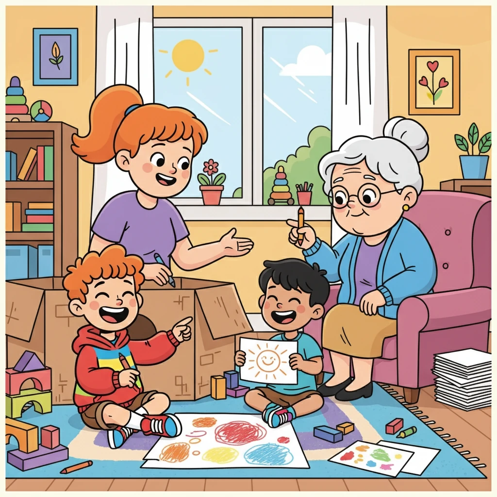 מיכאל ויותן נשארו בבית עם מיכל הביביסיטרית וסבתא. הם שיחקו במשחקים, ציירו ציורים, וצחקו הרבה. סבתא הבטיחה להם ימים מלאי כיף.