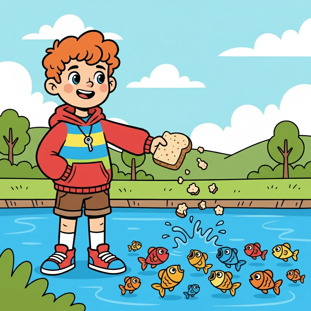 הם הגיעו לאגם והאכילו את הדגים. מיכאל זרק פירורי לחם למים, וראה את הדגים מגיעים כדי לאכול. הוא הרגיש שמחה גדולה.