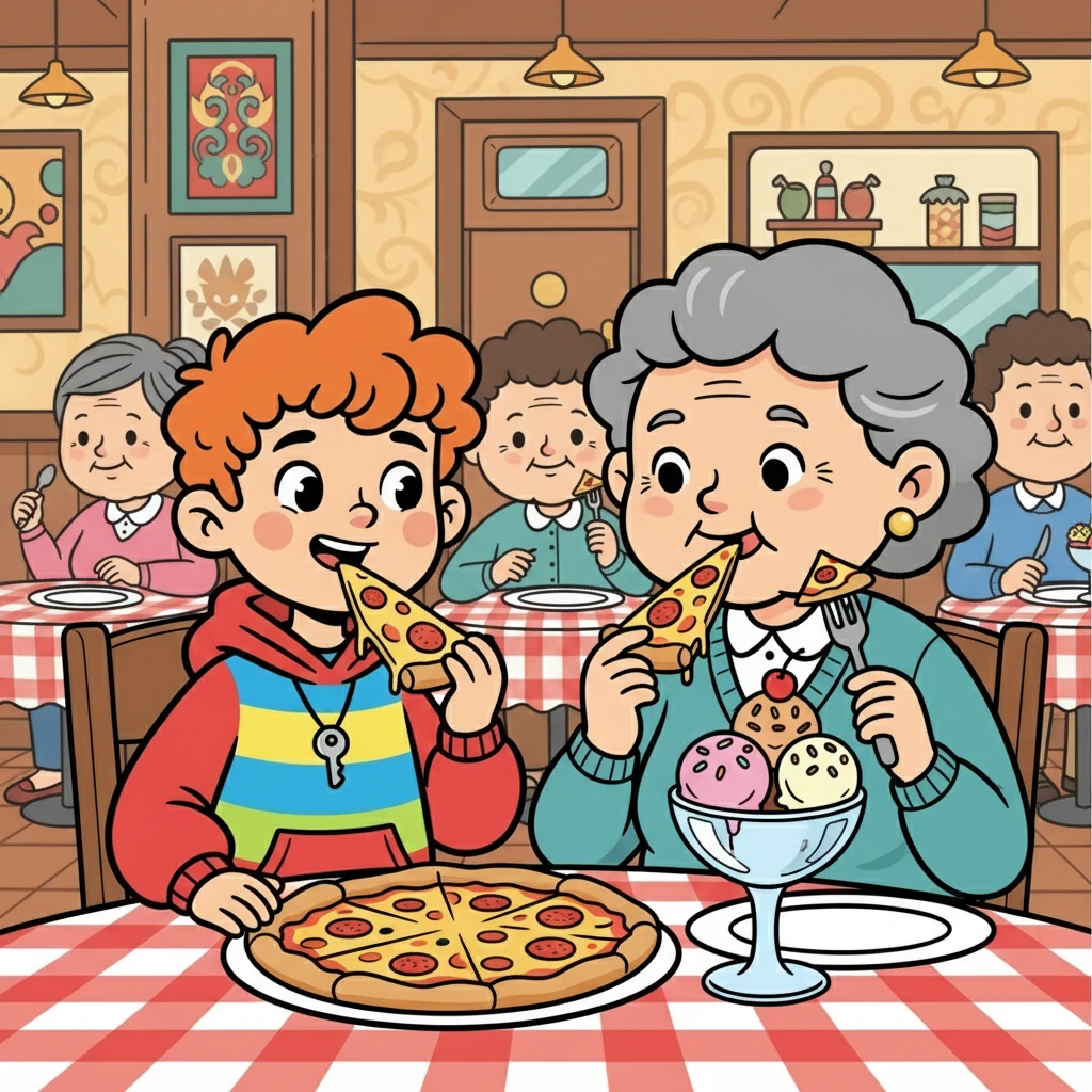 סבתא לקחה אותם למסעדה טעימה. הם אכלו פיצה וגלידה, ומיכאל הרגיש כאילו הוא בחופשה אמיתית. הוא אהב את הזמן עם סבתא.