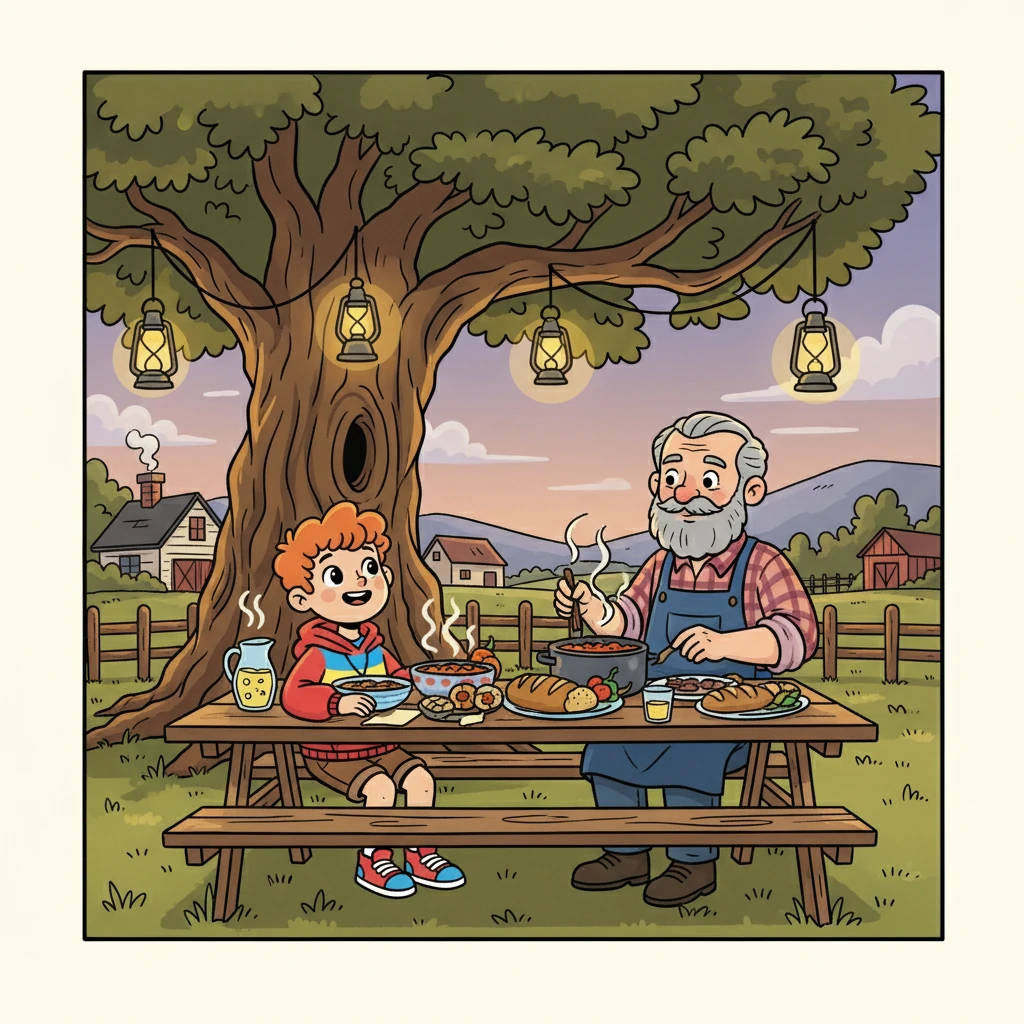 הדוד ניסן הכין להם ארוחה טעימה בחווה. הם אכלו בחוץ, ומיכאל הרגיש תחושה של ביתיות וחמימות. הוא אהב את הריח של האוכל.