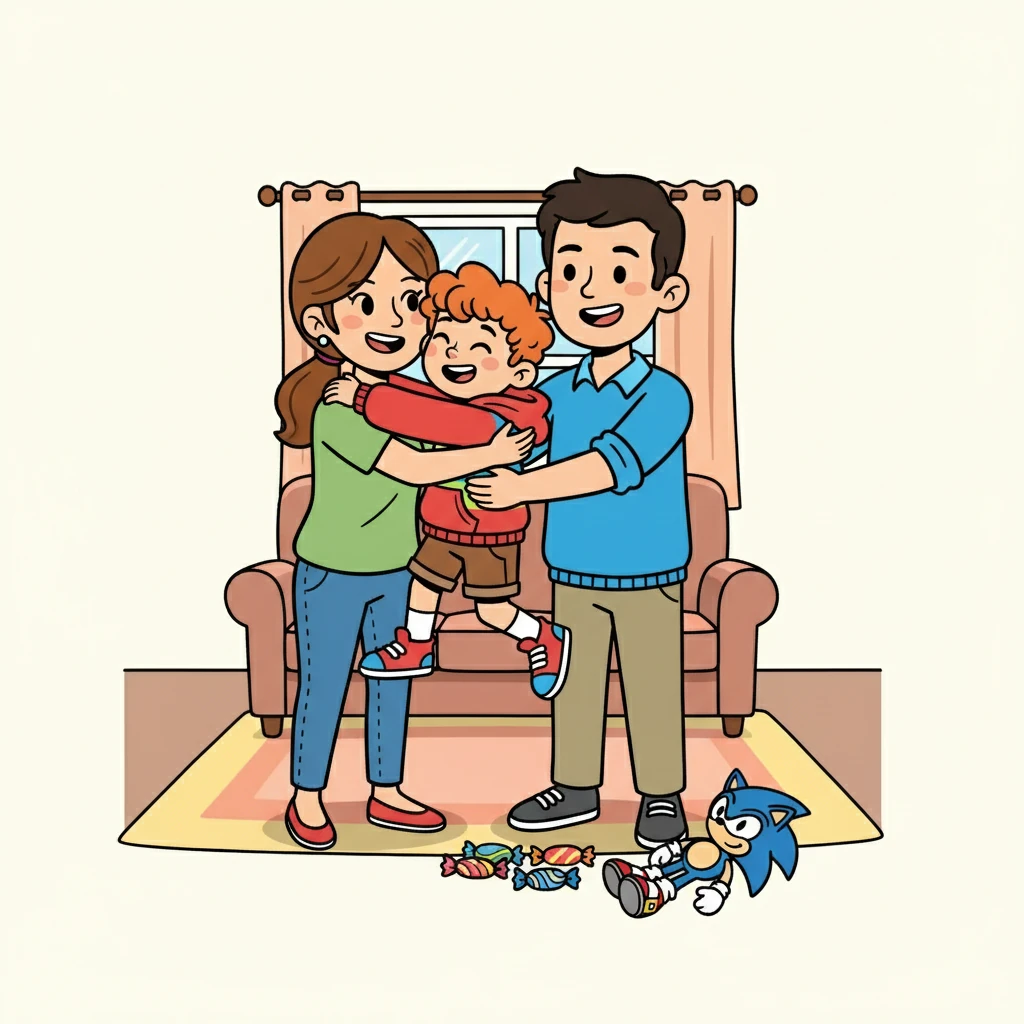 אמא ואבא חזרו! מיכאל קפץ עליהם בשמחה, וחיבק אותם חזק. הם הביאו לו הרבה ממתקים ובובה של סוניק. מיכאל היה מאושר!