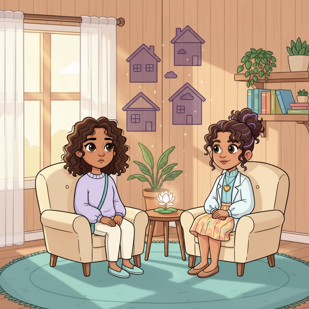 Angela sits in a warm, safe therapist's office, looking poised but with an invisible weight. Soft light filters through sheer curtains as she describes her inner world as a house with always dark rooms. Dr. Mendes watches her with gentle, knowing eyes, understanding the unspoken struggle.