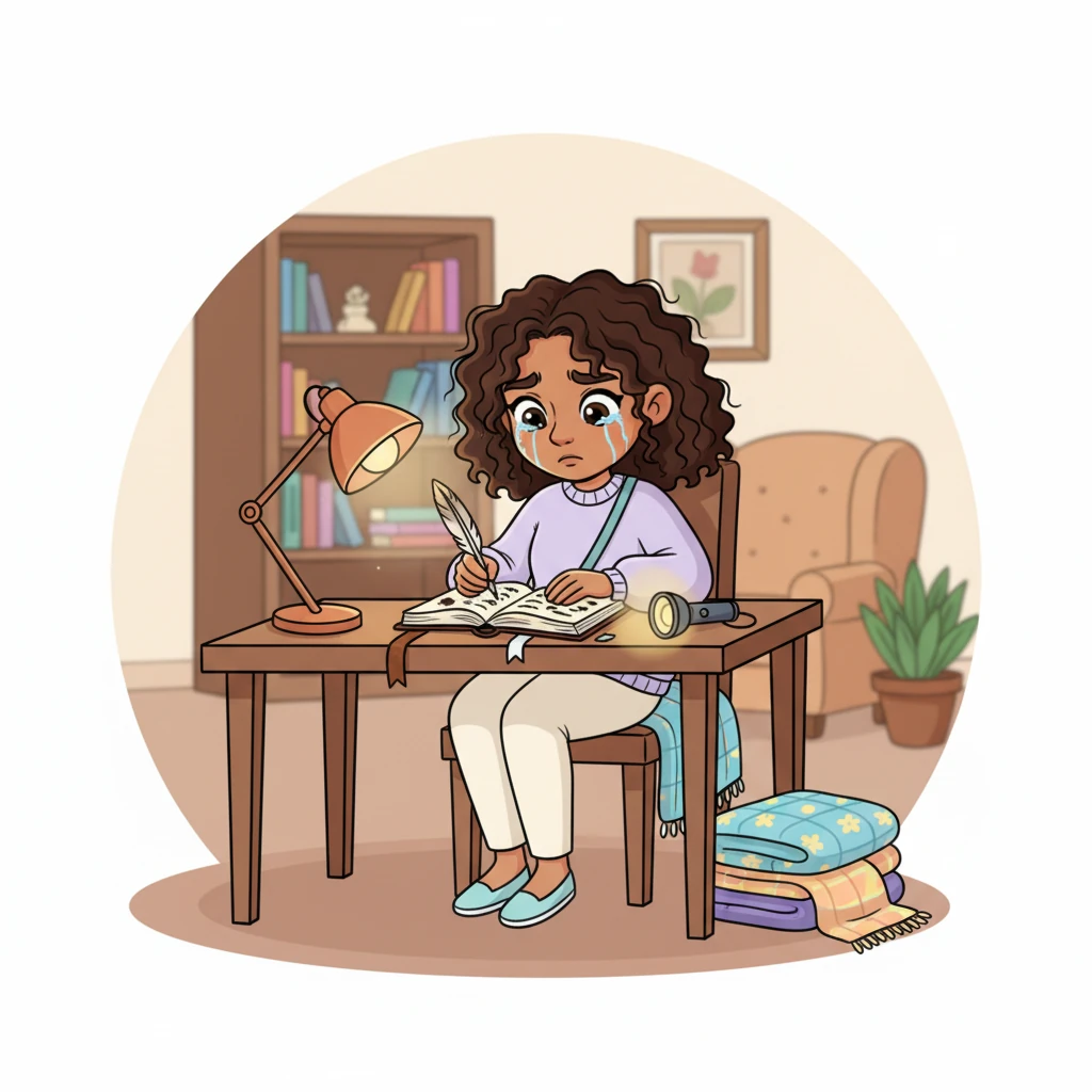 In her cozy apartment at night, Angela sits at a simple wooden desk, writing fiercely in a leather-bound journal. Tears blot the ink as she pours out her heart, promising her inner child that she is coming for her with blankets and a flashlight. The scene captures the raw emotion of self-compassion.