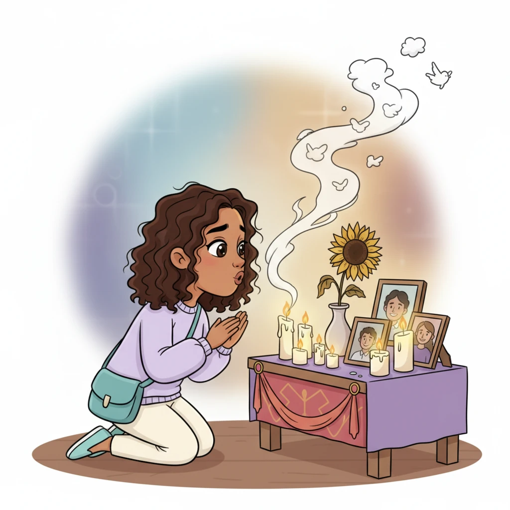 Angela kneels before a small, beautiful altar adorned with flickering white candles, photographs, and a dried flower. She whispers her fears to the flame, then blows out one candle, watching the smoke gracefully carry her worries away. A sense of peace washes over her as she affirms her story is not over.