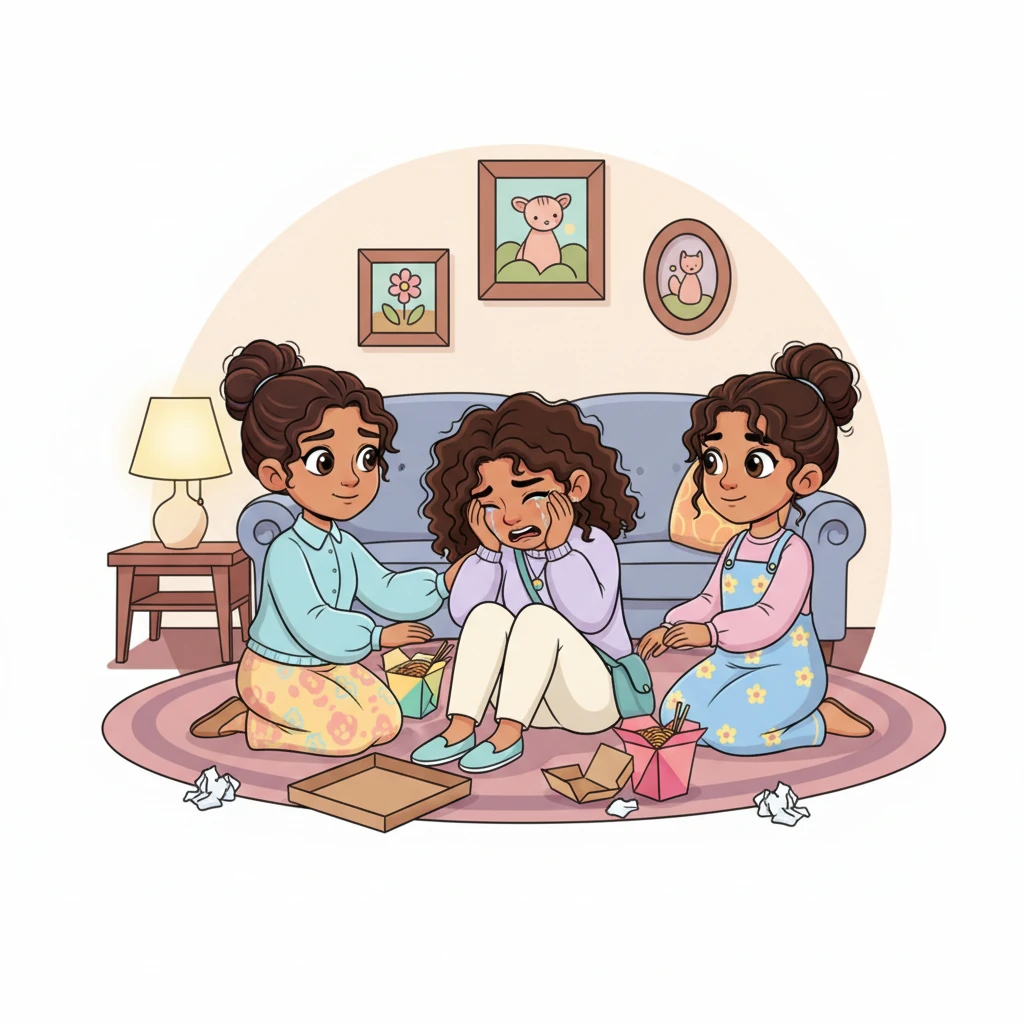 Angela is in her cozy living room, surrounded by takeout containers, sobbing openly with her head in her hands. Her friends, Maya and Chloe, offer silent, unwavering support. Maya gently rubs her back while Chloe holds her hand, simply holding the space without trying to fix her pain.