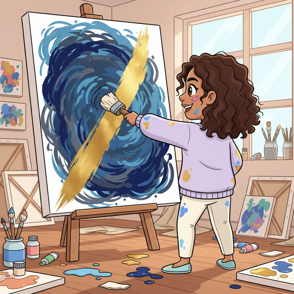 Angela, paint-splattered and vibrant, stands before a large canvas in a bright, messy art studio. She paints with fierce energy, swirling deep blues and grays that dramatically give way to a bold, triumphant streak of gold. This vibrant painting is not a picture, but a powerful expression of her innermost feelings and healing.