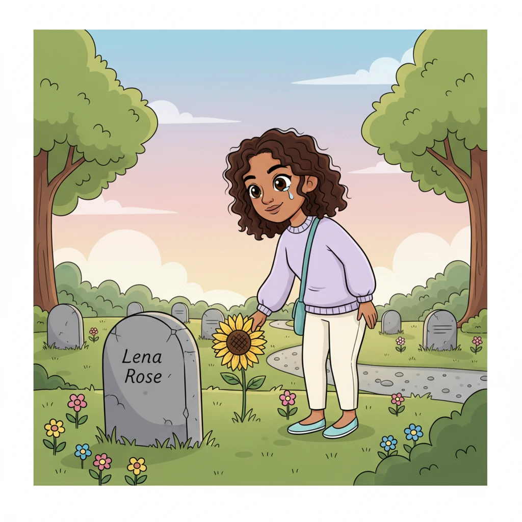 At a peaceful cemetery, Angela stands before a simple headstone for "Lena Rose," holding a single bright sunflower. She places the flower down, speaking words of forgiveness and release for her mother's pain. A tear falls, but her face is calm and resolved, finally letting go of the burdens she carried.