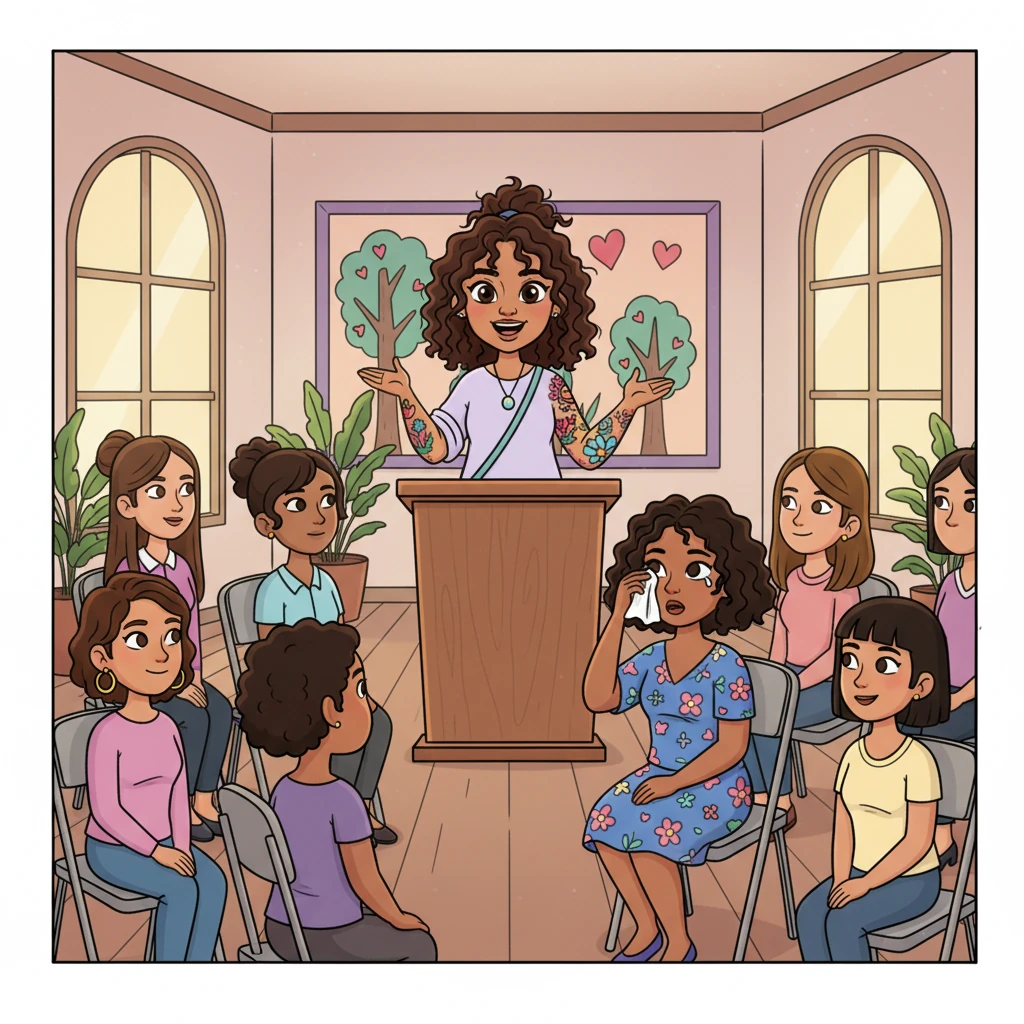 Angela stands confidently at a podium in a modest community hall, addressing a diverse group of women. She rolls up her sleeve, revealing her tattoos, as she speaks powerfully about healing and inner strength, emphasizing that strength isn't armor but the heart beneath it. Her words resonate, inspiring a woman in the front row to wipe away a tear and nod in understanding.