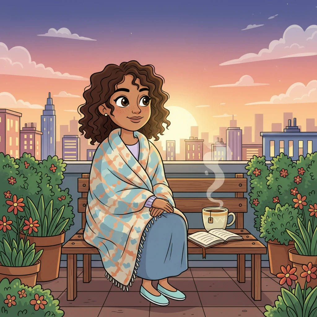 As dawn breaks, Angela sits peacefully on a rooftop garden bench, wrapped in a blanket, watching the city awaken. Steam rises from her tea cup beside her open journal. A soft, new light illuminates her face, filled with quiet strength and the promise of a beautiful new day, a testament to her journey from shadows to light.