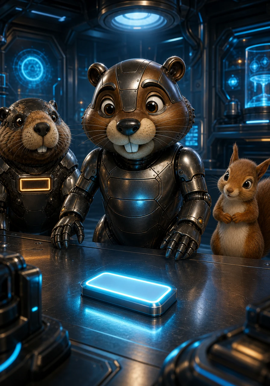 Liam finds a sleek, glowing rectangle name tag labeled Liam Niel M. Sayas on a metallic desk inside a secret research facility. The room is filled with holographic screens and futuristic gadgets that hum with a mysterious blue energy.