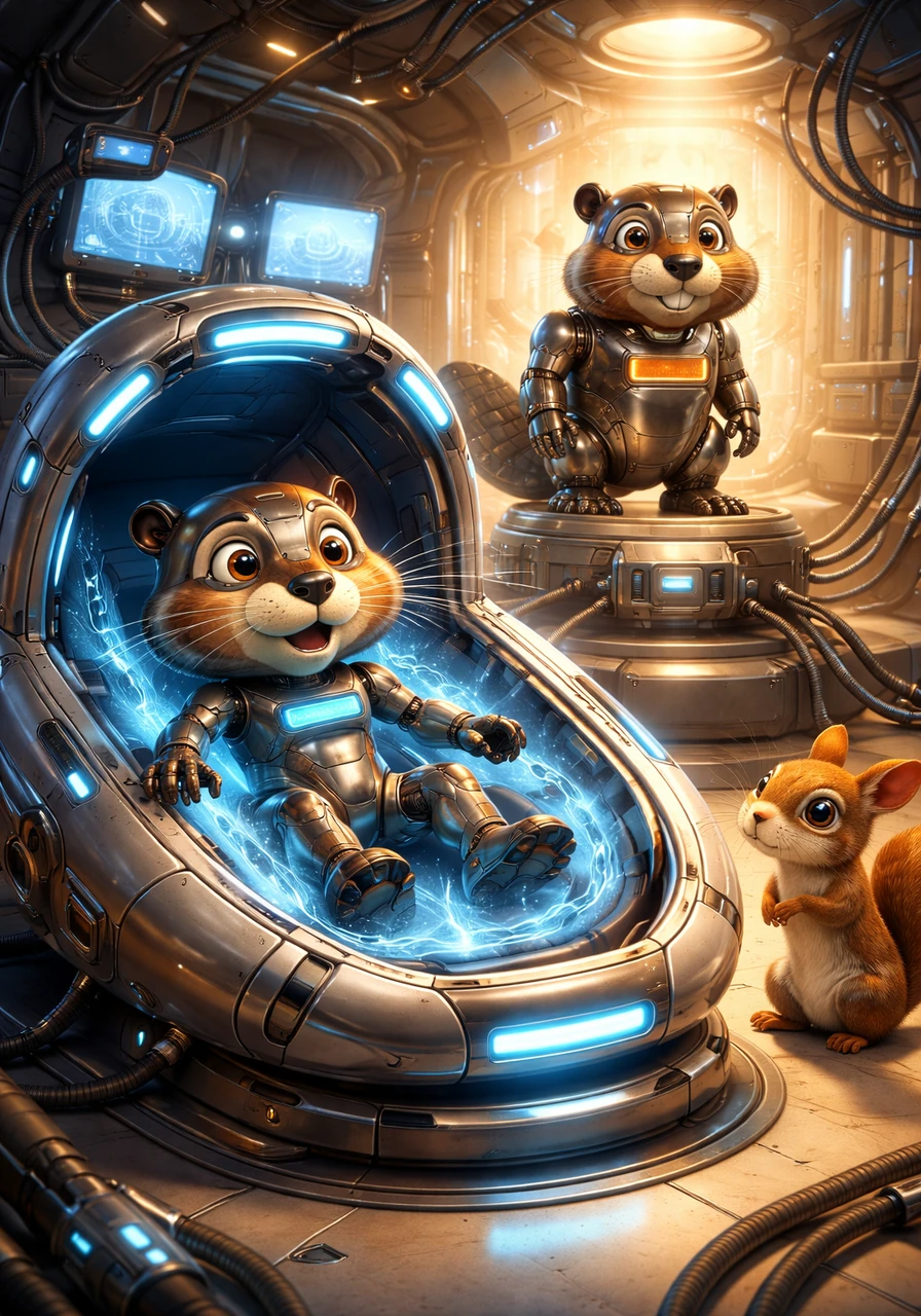He notices a large, comfortable pod connected to a highly realistic robotic beaver sitting on a pedestal nearby. Curious and brave, Liam puts on the name tag and steps into the pod, feeling a strange tingle as the machine begins to activate.
