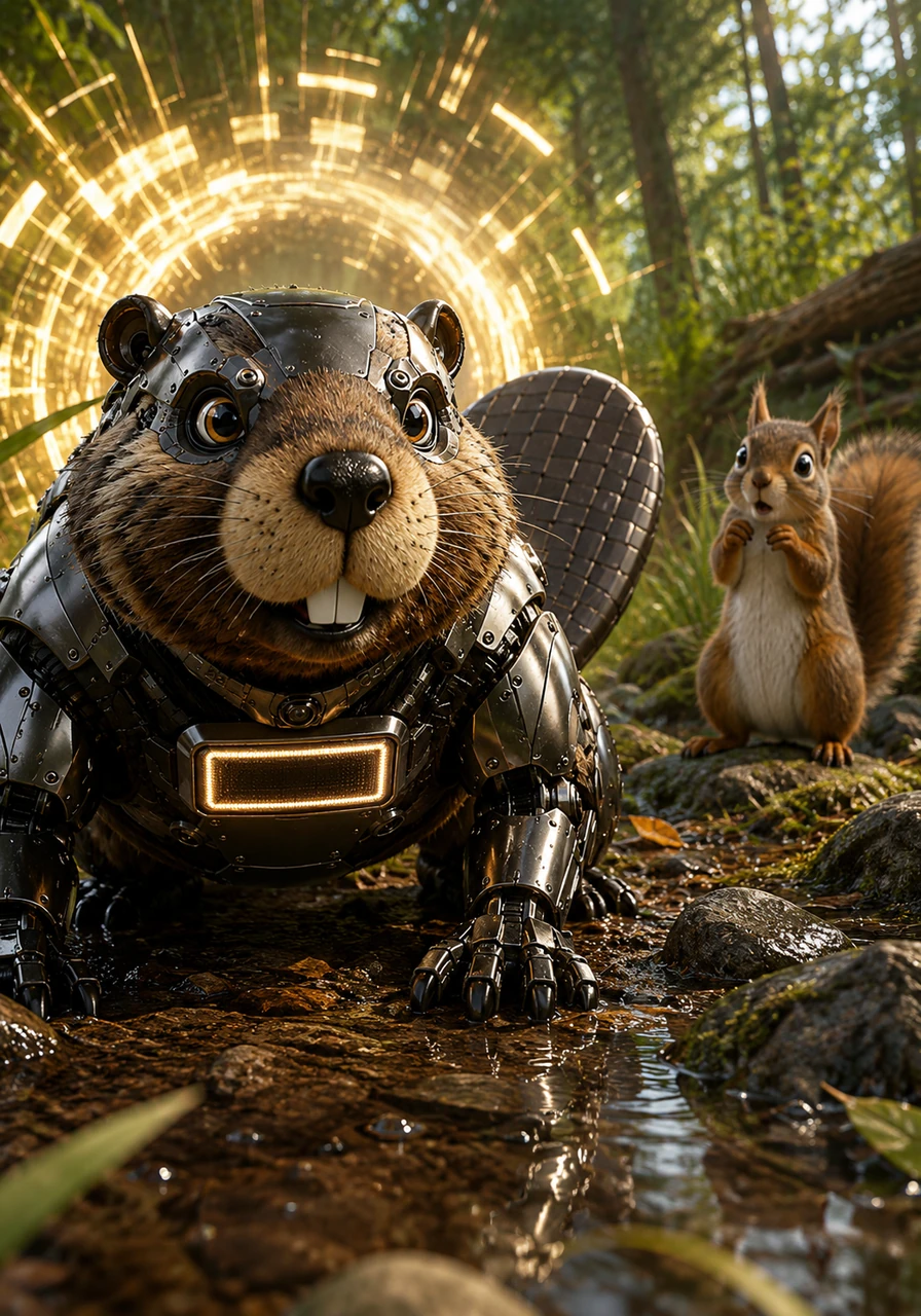 With a sudden flash of light, Liam’s vision shifts and he finds himself looking at the world from just a few inches off the ground. He realizes he has successfully hopped his consciousness into the body of the advanced robotic beaver.