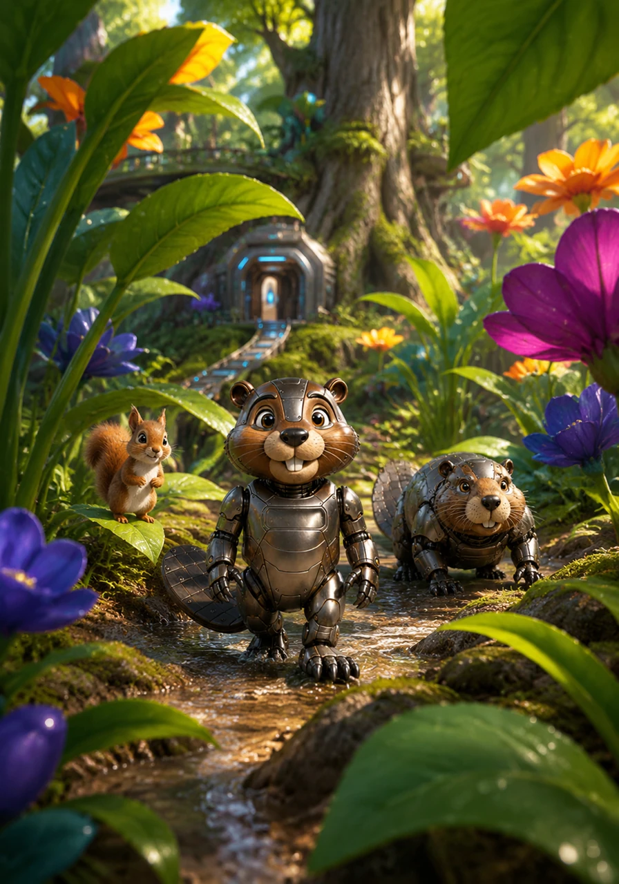 Liam waddles out of the lab and into a lush, vibrant forest filled with towering ancient trees and sparkling streams. Every leaf and blade of grass looks giant and incredibly colorful from his new perspective as a small animal.