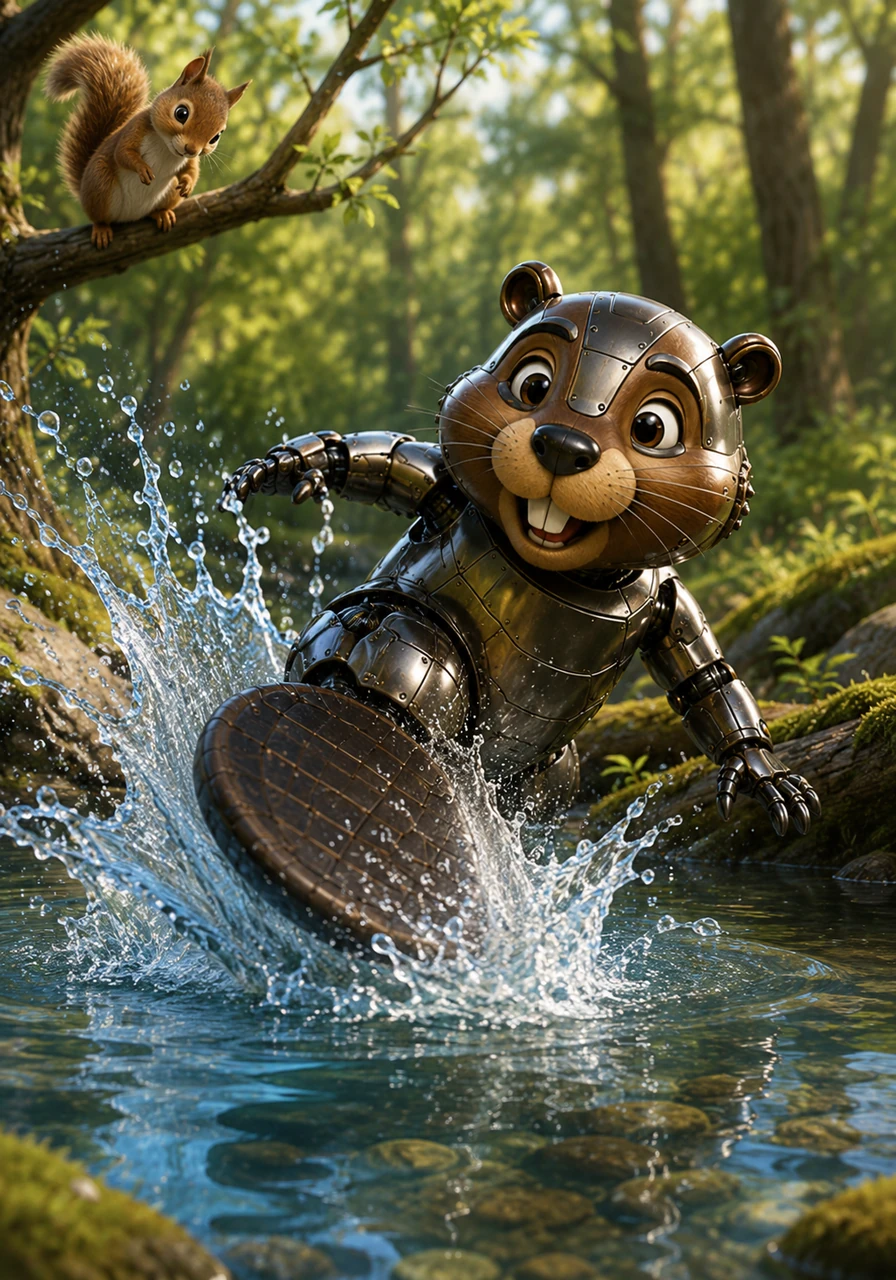 He tests his new beaver tail by slapping it against the surface of a pond, creating a giant splash that makes him giggle. A curious real squirrel watches him from a nearby branch, tilting its head at the strange and shiny new visitor.