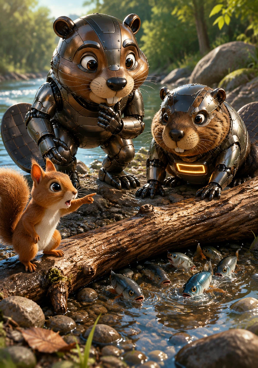 The squirrel chirps urgently and leads Liam toward a part of the river where a fallen log has accidentally trapped a group of small fish in a shallow pool. Liam realizes he can use his unique mechanical strength to help his new friends.