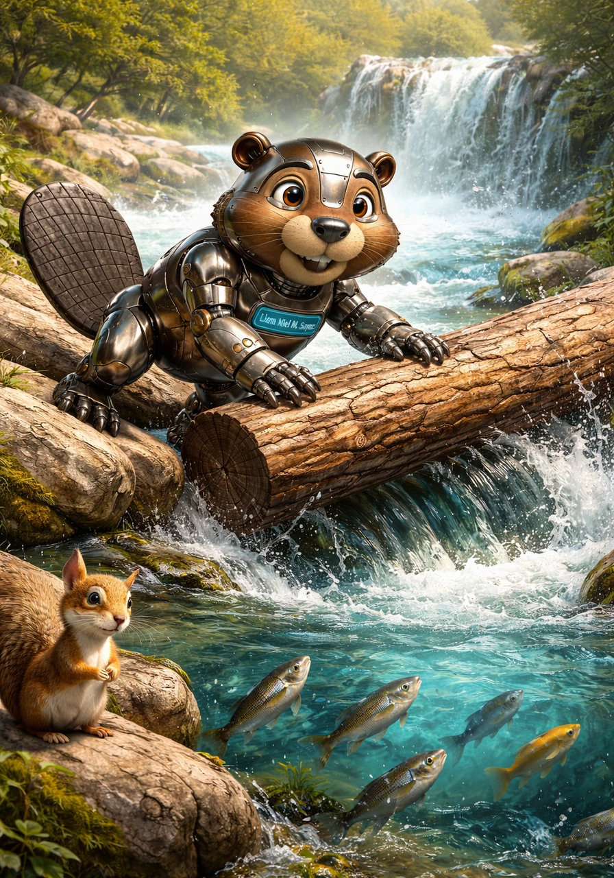 Using his powerful robotic paws and sturdy tail, Liam carefully maneuvers the heavy log out of the way with precision. The water rushes back into the pool, and the fish swim happily into the deep river once again.