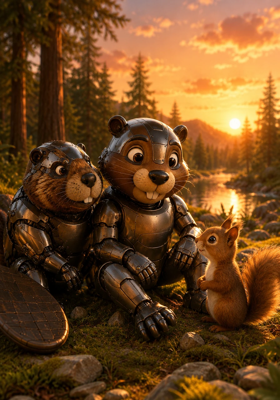 As the sun begins to set, casting a warm golden glow over the forest, Liam sits quietly with the squirrel and feels a deep sense of peace. He understands now that technology and nature can work together in perfect harmony to protect the world.