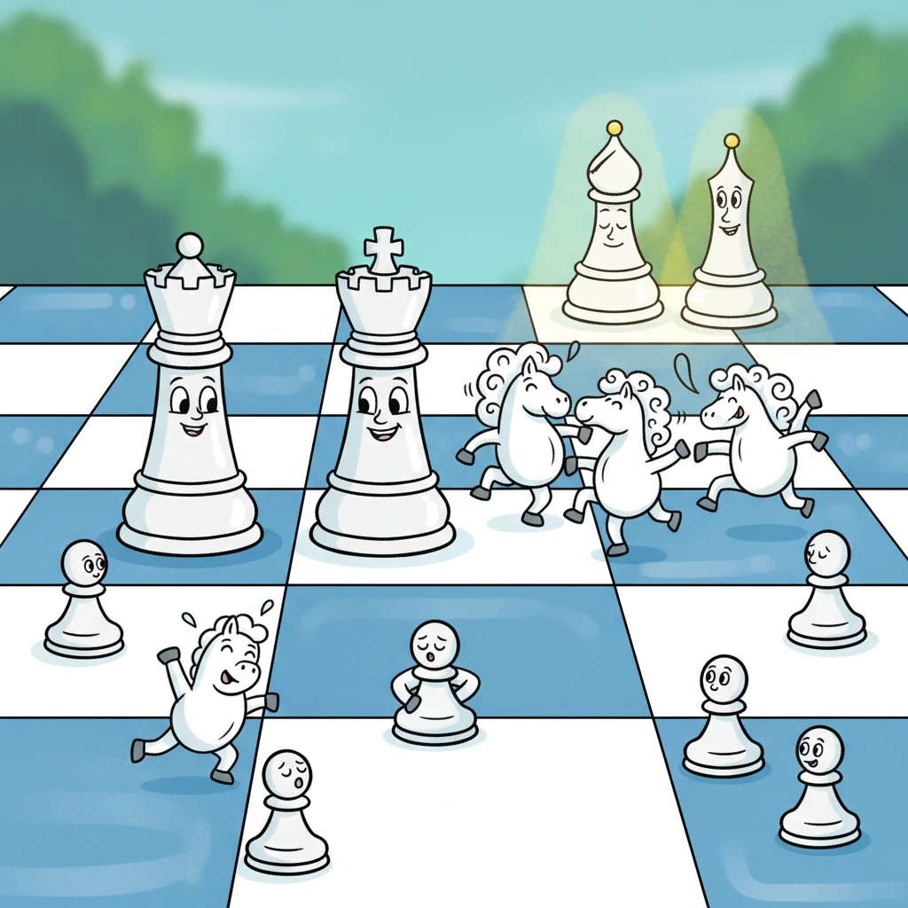 The chess pieces began to stir! Little Pawns blinked their tiny, curious eyes, while the tall Rooks stood straight like proud castle towers. The bouncy Knights shook their manes with a playful neigh, ready for action, and the elegant Bishops glided smoothly, like sunbeams, across the board.