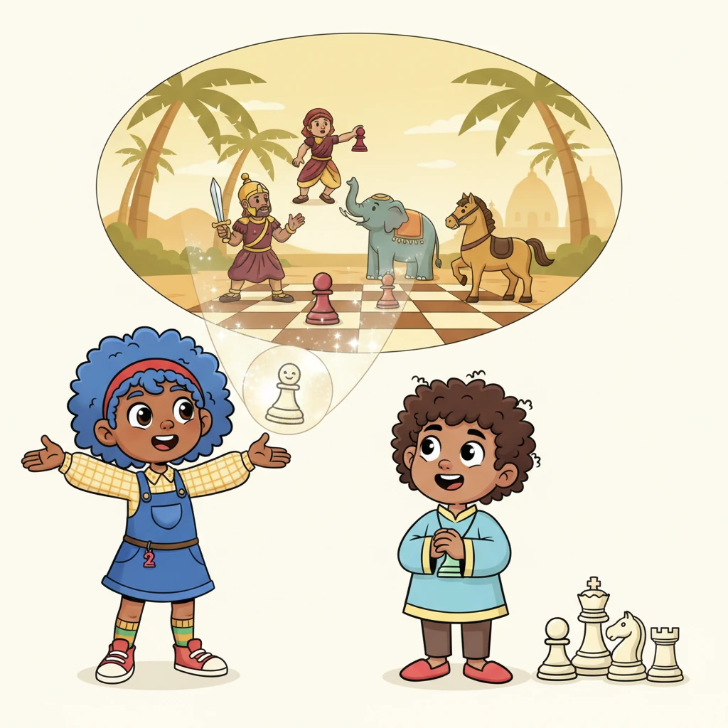 Chessie then showed them a shimmering vision of the past. They saw their ancestors, not quite like them, but brave soldiers, wise elephants, and speedy horses, playing a clever game called 'chaturanga' in a faraway land called India. The pieces realized they had a long, exciting history.