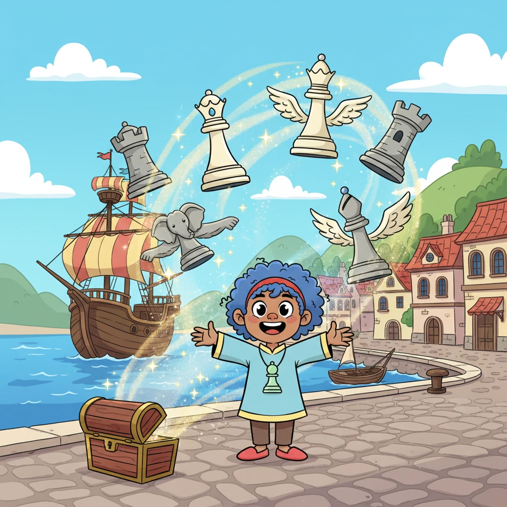 The game traveled across vast deserts and sailed over sparkling seas, finally arriving in Europe. As it landed, a brilliant shimmer transformed the pieces! The quiet advisor became the powerful Queen, the elephants turned into gliding Bishops, and the sturdy towers became the castle-like Rooks.