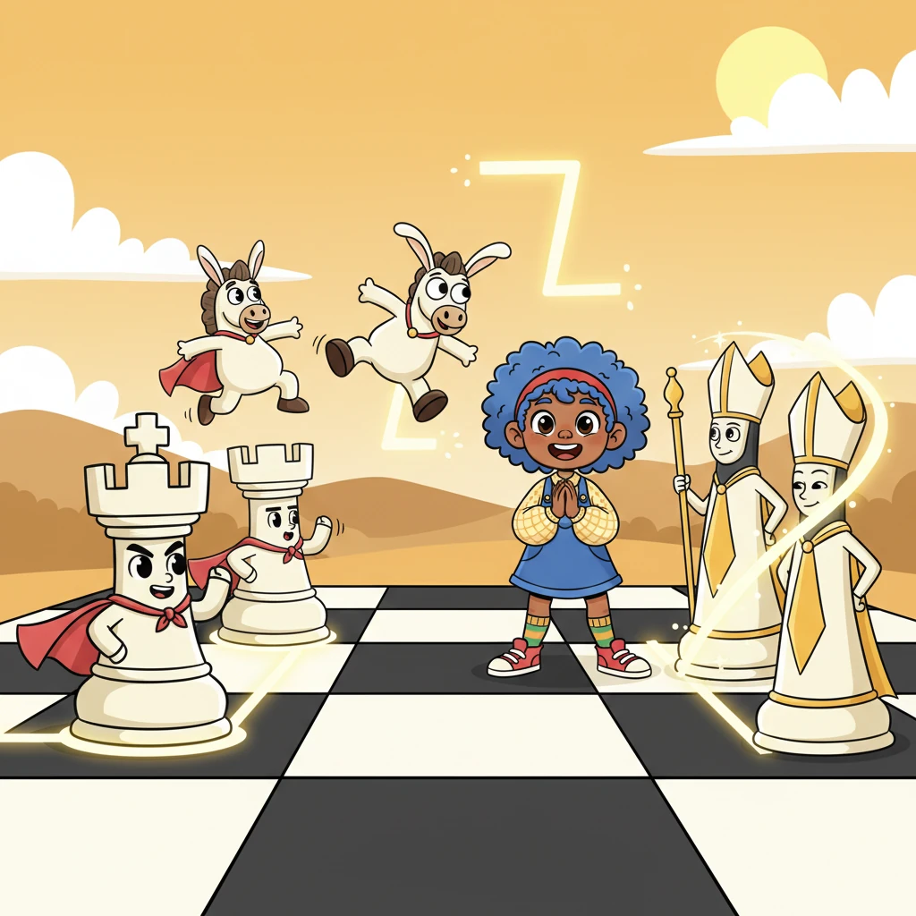 Next, the Rooks slid into place, declaring, 'We move in straight lines, watching over everyone!' Then the silly Knights made their famous L-shaped hops, followed by the quiet Bishops, who gracefully glided along the shining diagonals with a gentle swish.