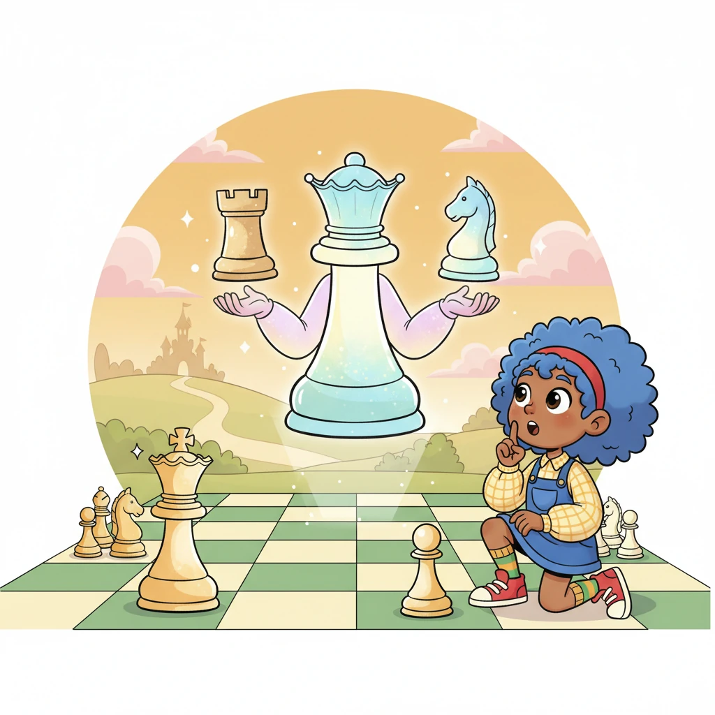 Finally, the powerful Queen shimmered with kindness, explaining, 'I help my friends with the power of a Rook and a Bishop all in one!' Beside her, the gentle King rose slowly, needing his team's protection. Chessie whispered, 'Every great journey begins with one move... and yours is just starting!'