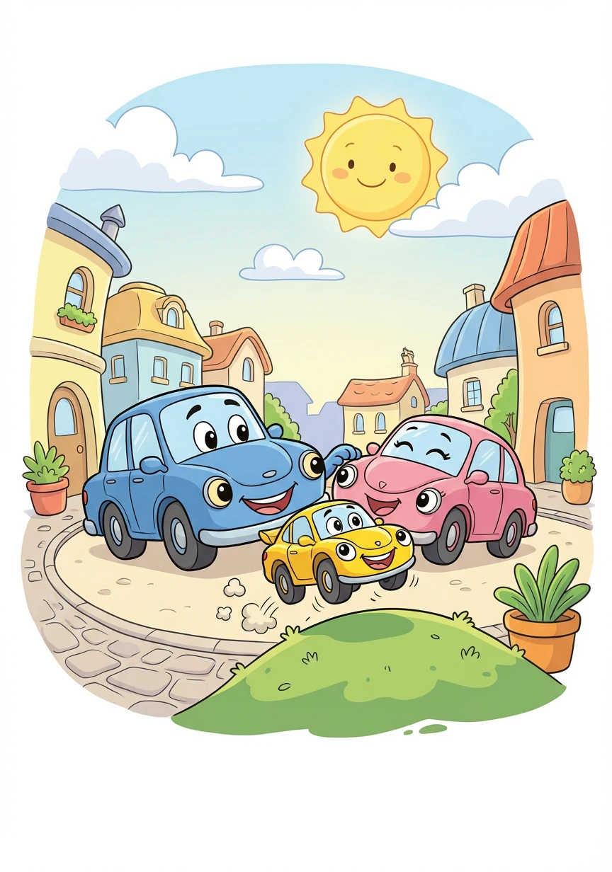 在一个阳光明媚的小镇里，住着一个快乐的汽车家庭。他们有爸爸汽车、妈妈汽车，还有他们可爱的小儿子卡卡。